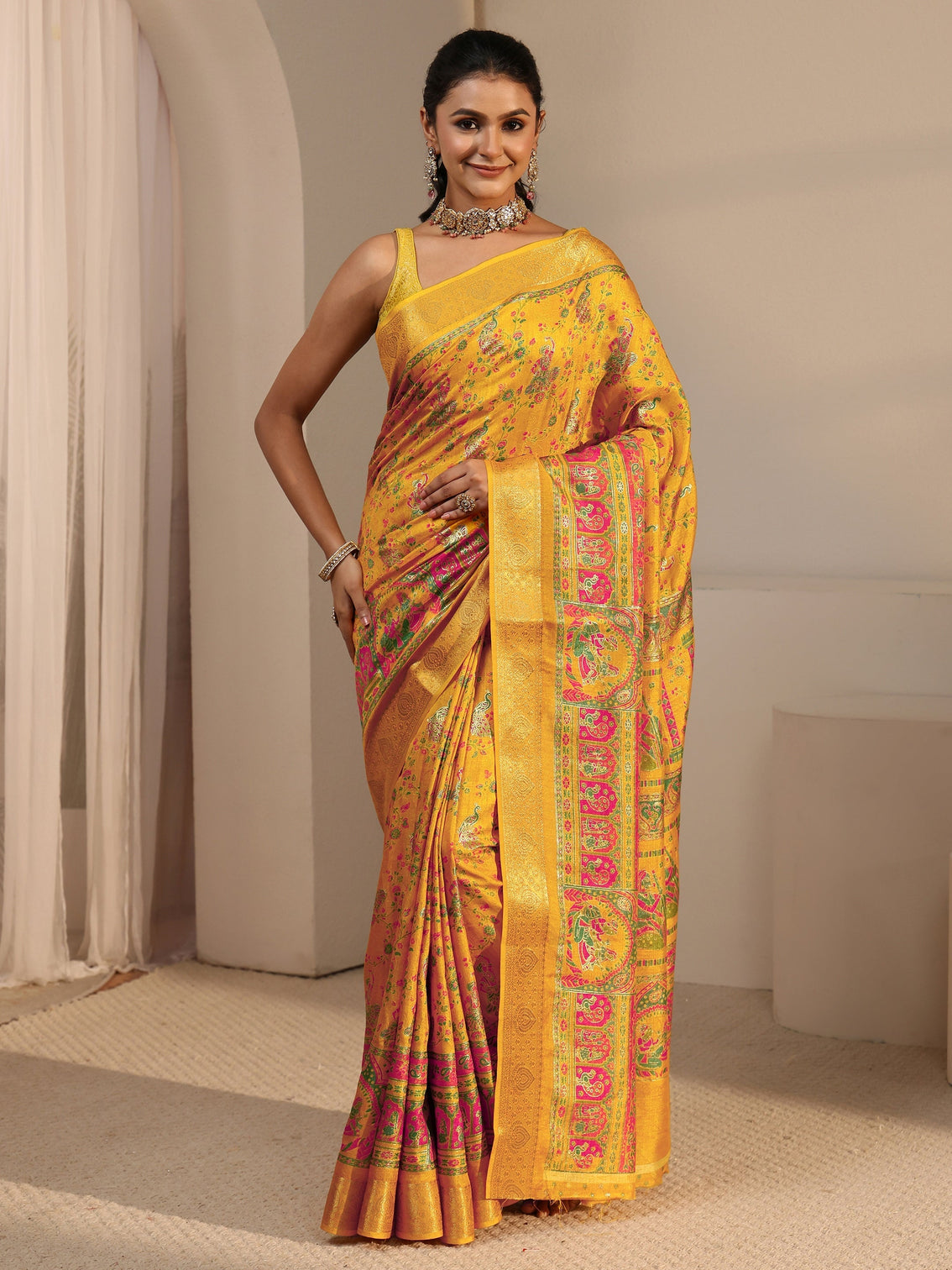 Mameraa Mustard Floral Printed Silk Blend Saree