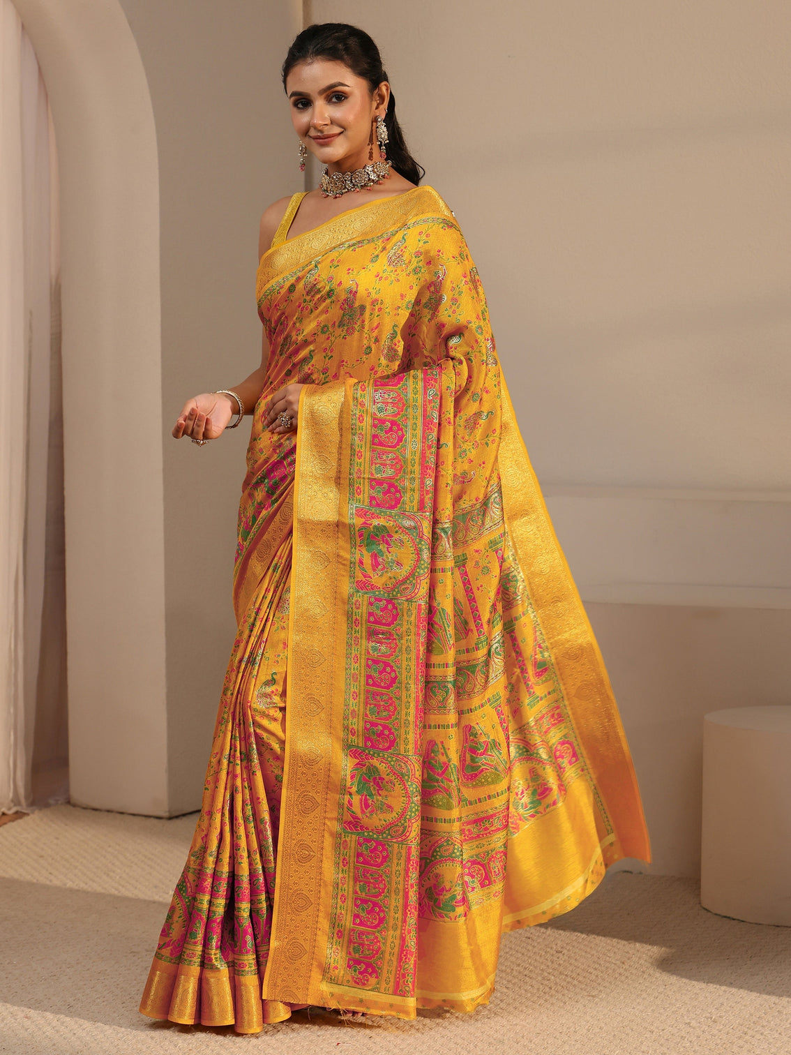 Mameraa Mustard Floral Printed Silk Blend Saree