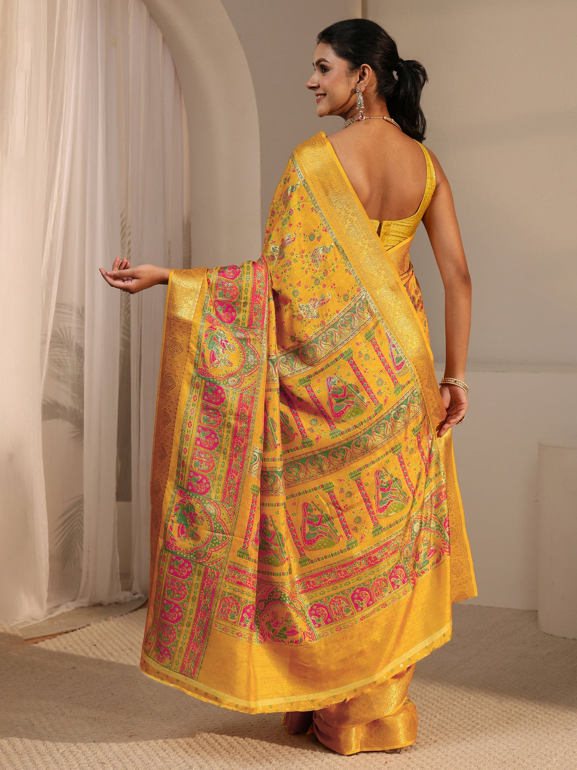 Mameraa Mustard Floral Printed Silk Blend Saree
