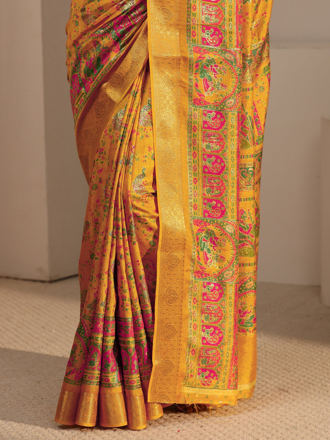 Mameraa Mustard Floral Printed Silk Blend Saree