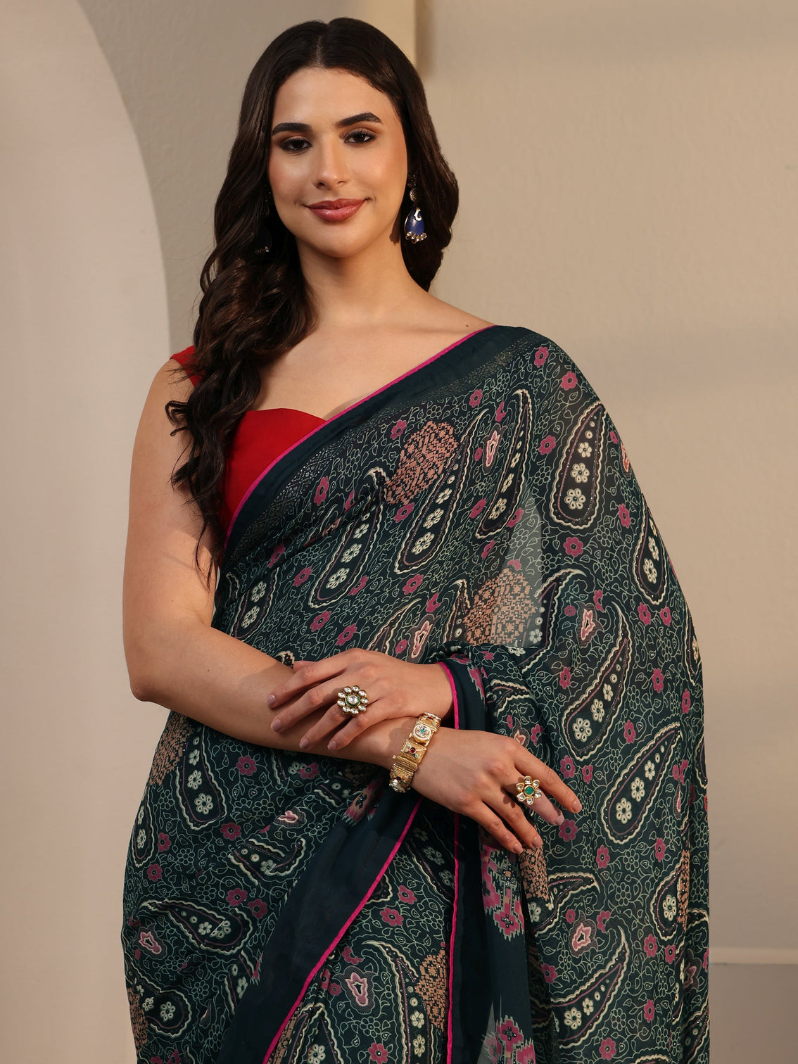 Mameraa Teal Green Paisley Printed Georgette Saree