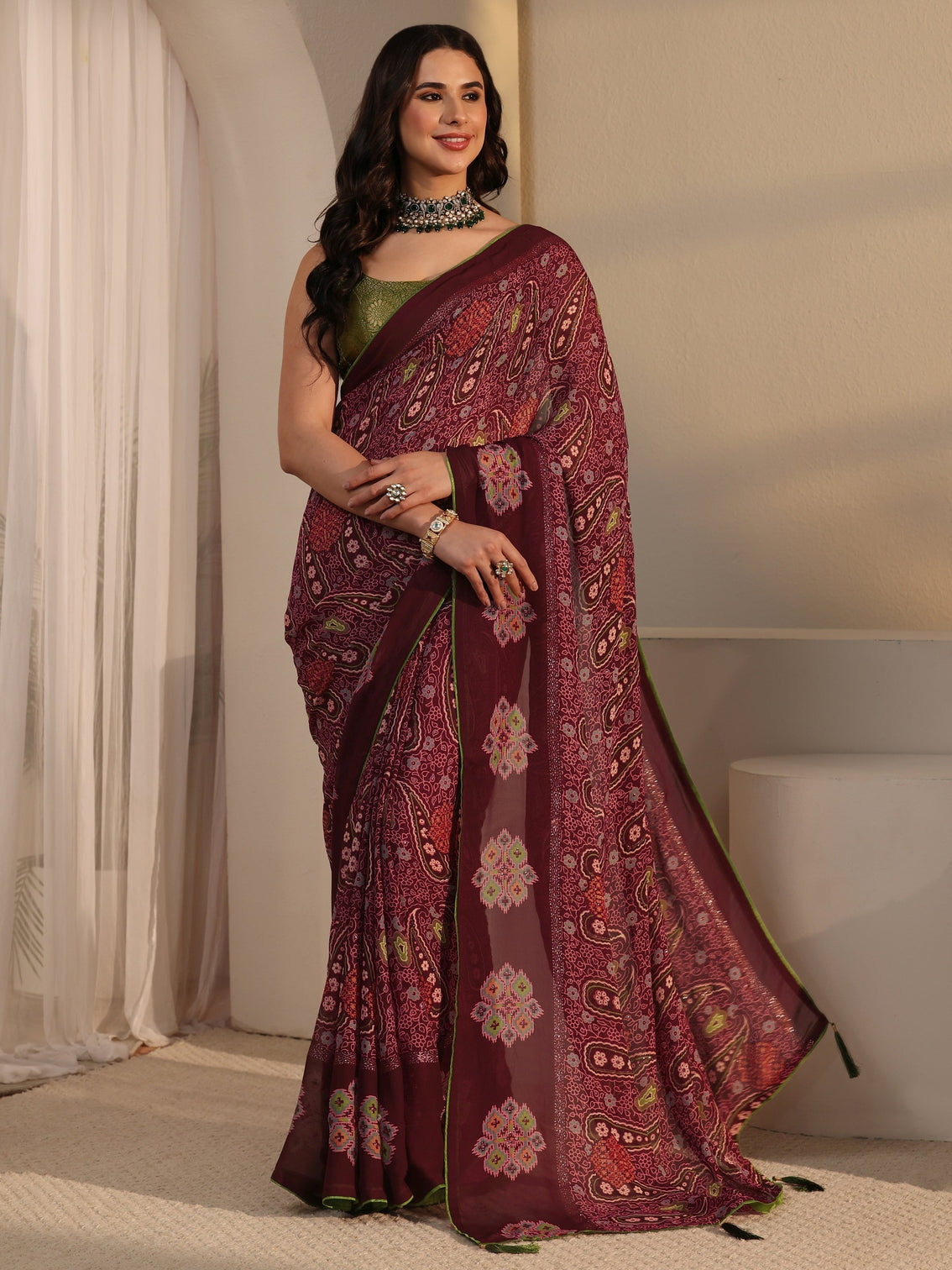 Mameraa Maroon Paisley Printed Georgette Saree