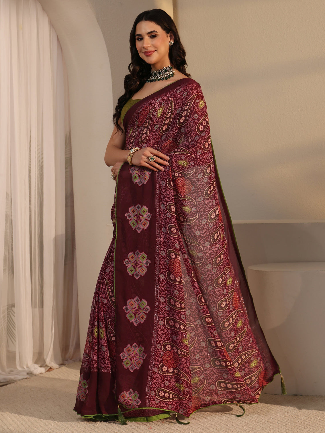 Mameraa Maroon Paisley Printed Georgette Saree