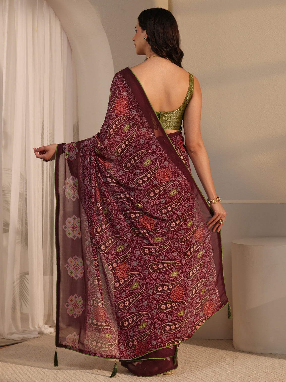 Mameraa Maroon Paisley Printed Georgette Saree