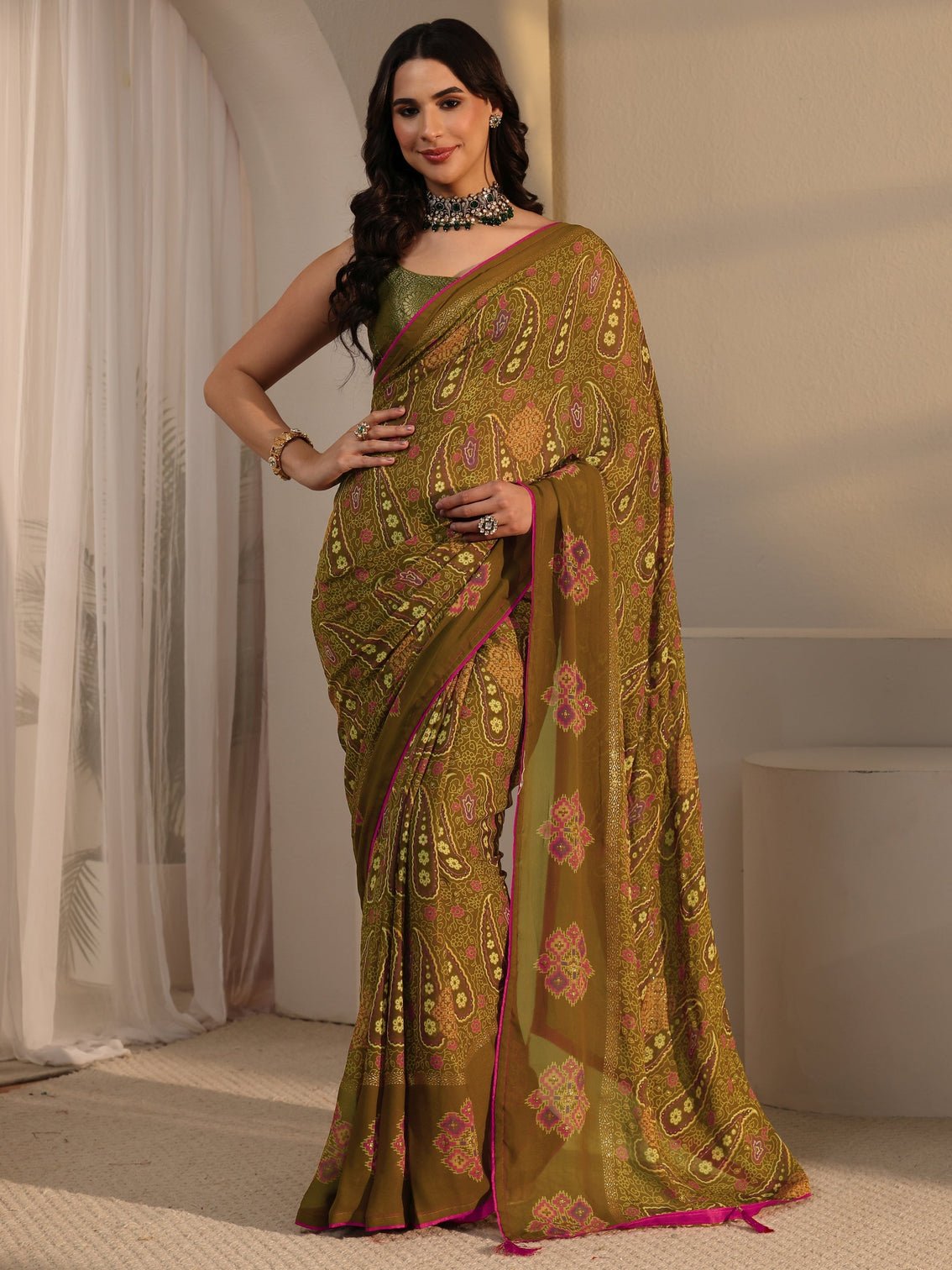 Mameraa Olive Green Paisley Printed Georgette Saree