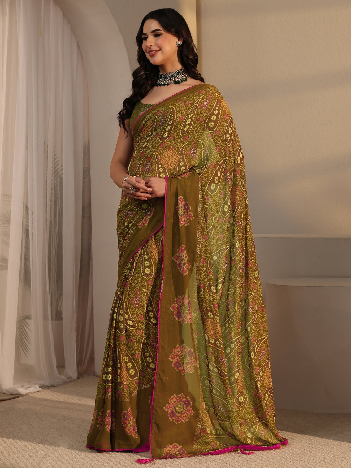 Mameraa Olive Green Paisley Printed Georgette Saree