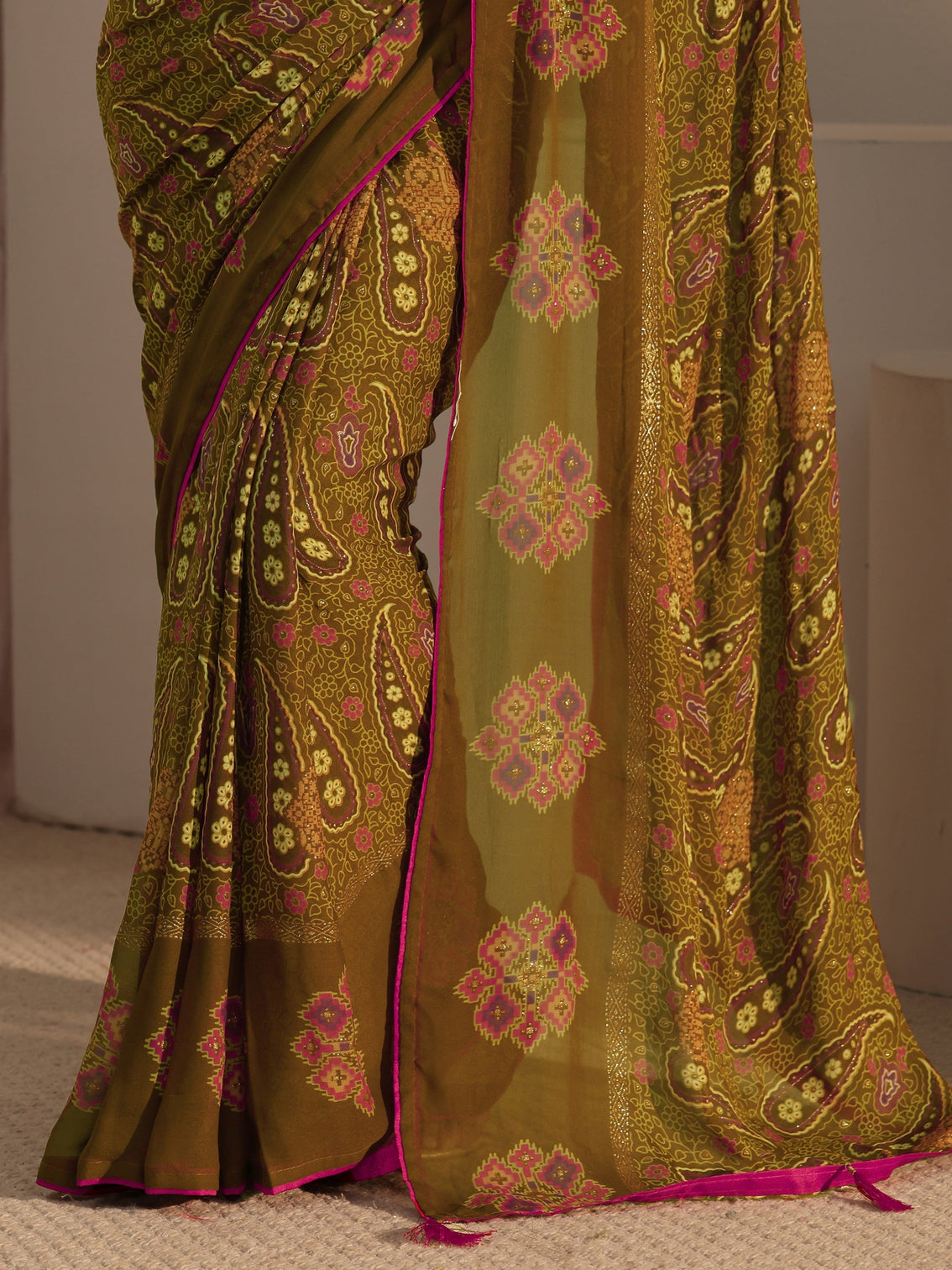 Mameraa Olive Green Paisley Printed Georgette Saree