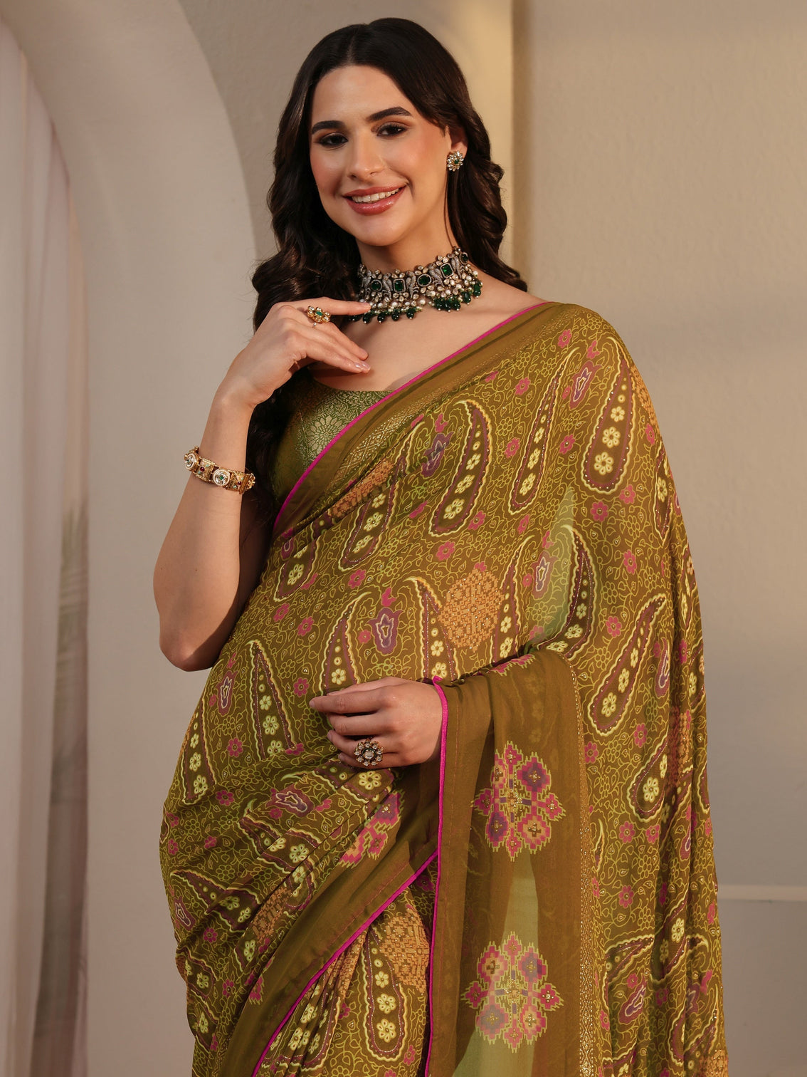 Mameraa Olive Green Paisley Printed Georgette Saree