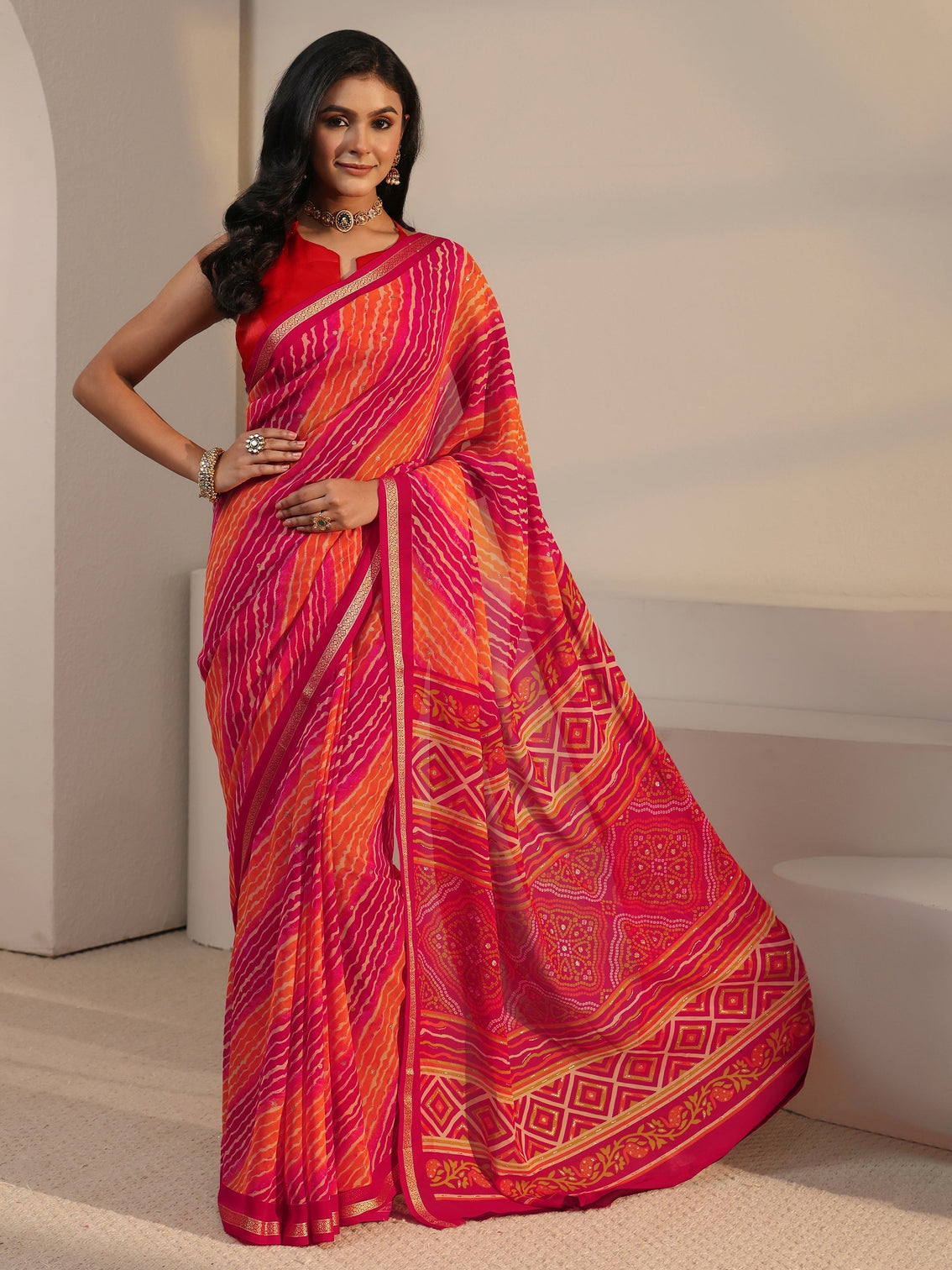 Mameraa Multi Coloured Leheriya Printed Georgette Saree