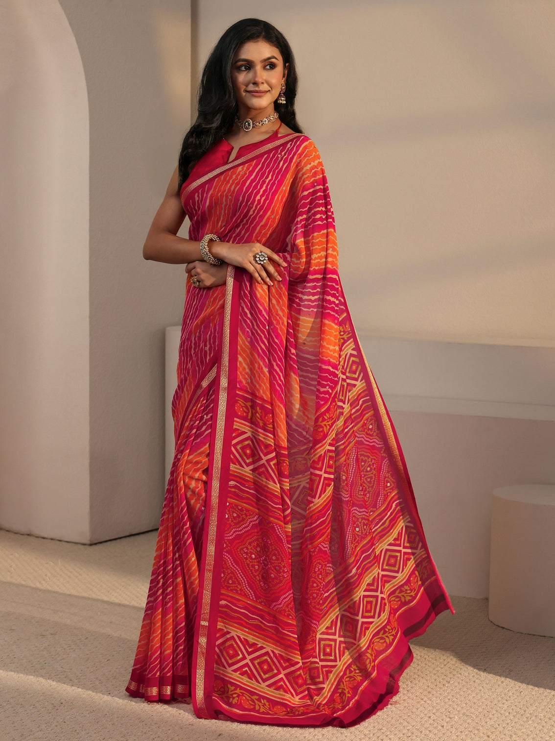 Mameraa Multi Coloured Leheriya Printed Georgette Saree