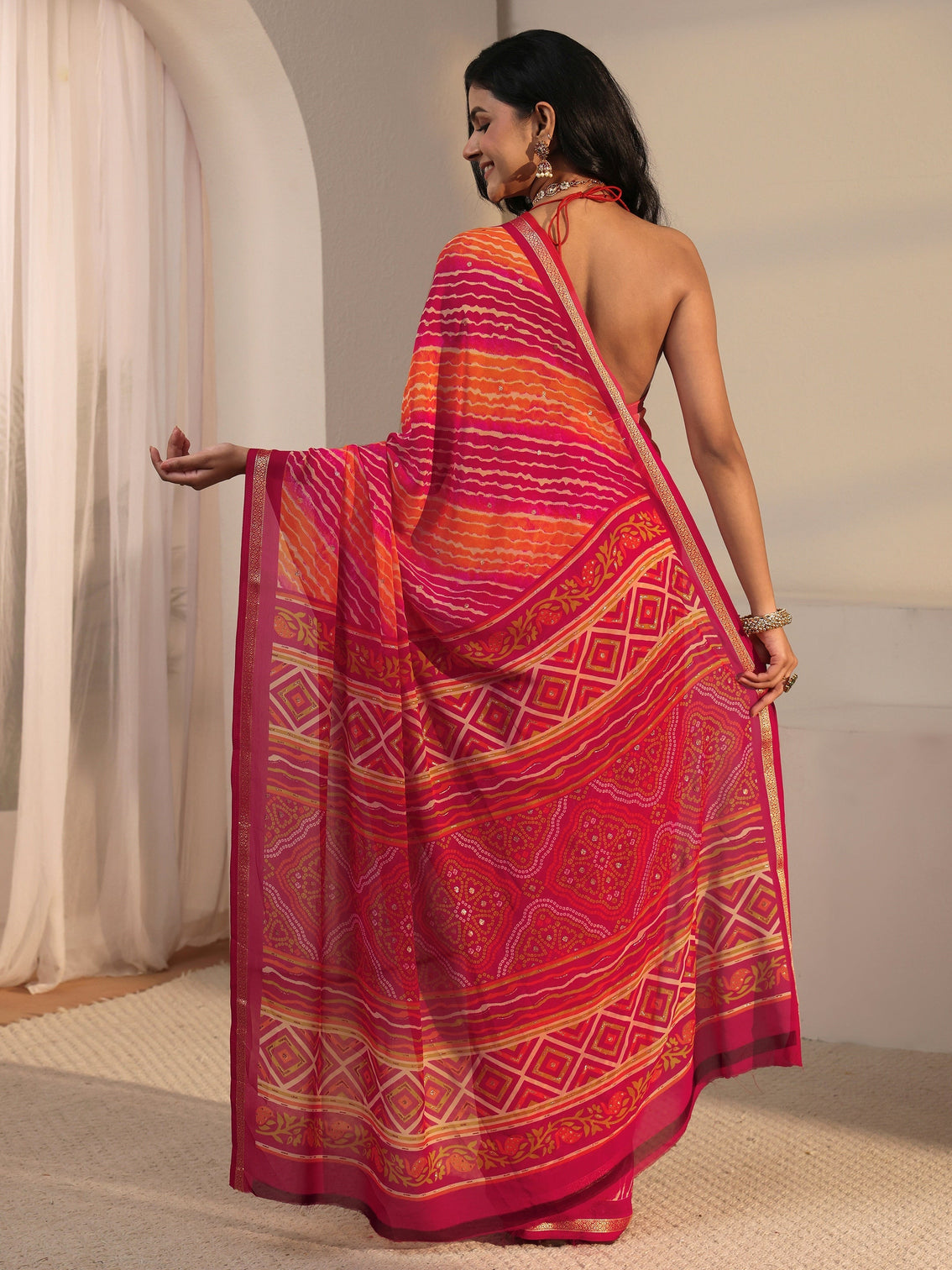 Mameraa Multi Coloured Leheriya Printed Georgette Saree