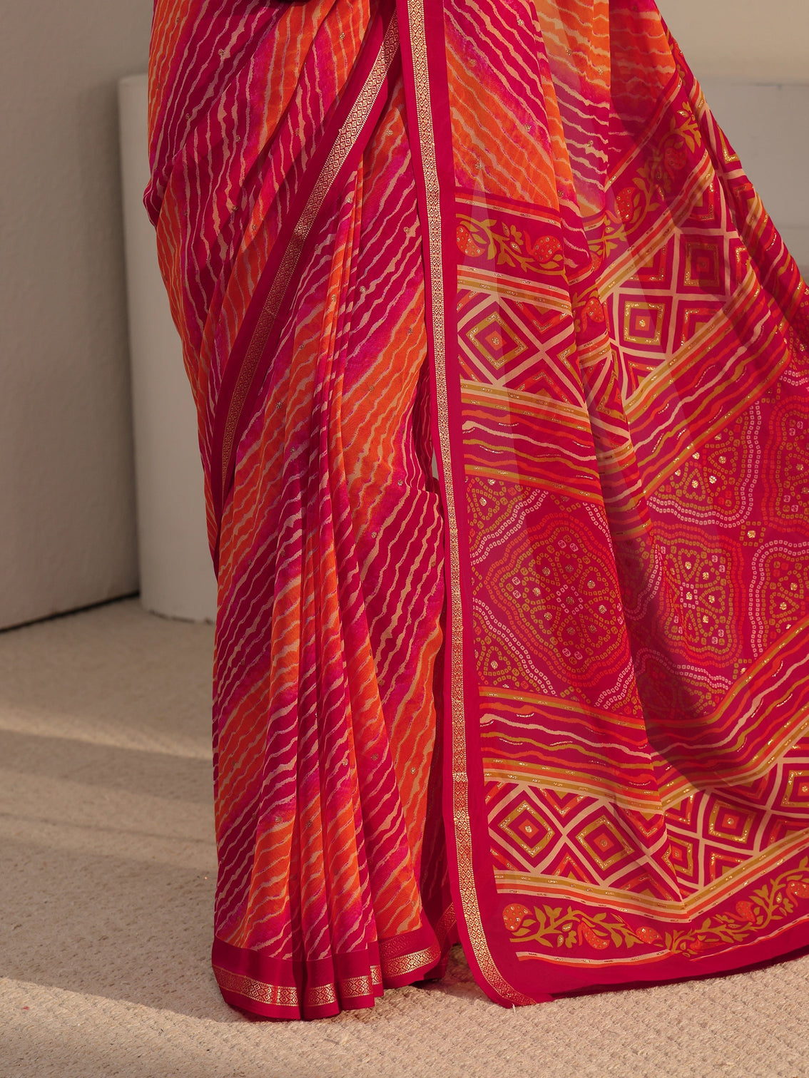 Mameraa Multi Coloured Leheriya Printed Georgette Saree