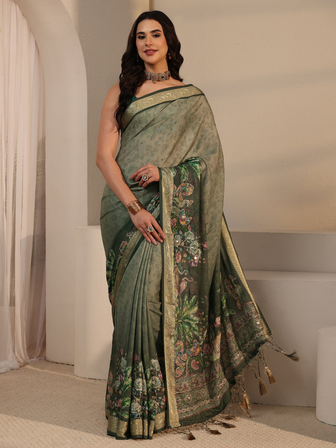 Mameraa Green Floral Printed Silk Blend Tassel Saree