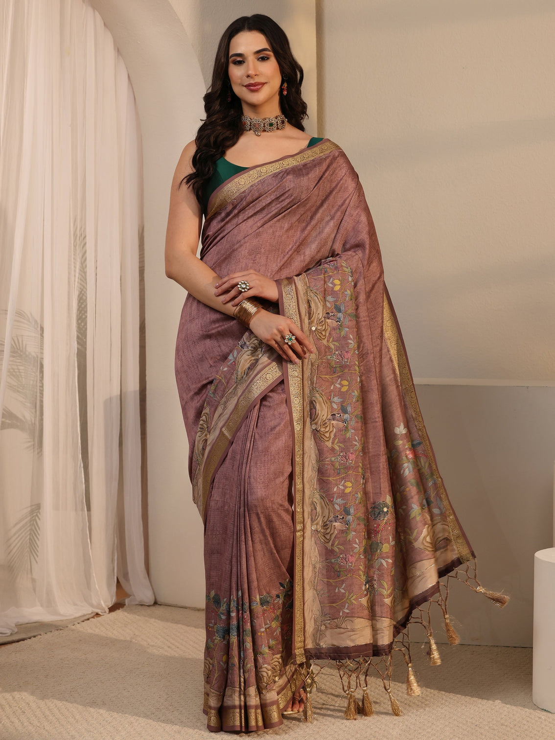 Mameraa Brown Floral Printed Silk Blend Tassel Saree