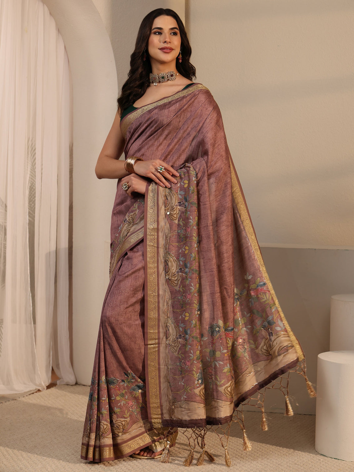 Mameraa Brown Floral Printed Silk Blend Tassel Saree