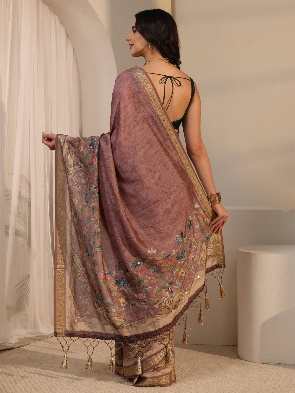 Mameraa Brown Floral Printed Silk Blend Tassel Saree