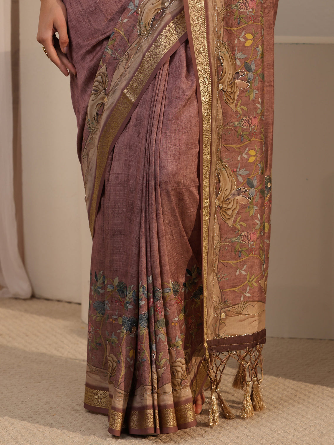 Mameraa Brown Floral Printed Silk Blend Tassel Saree