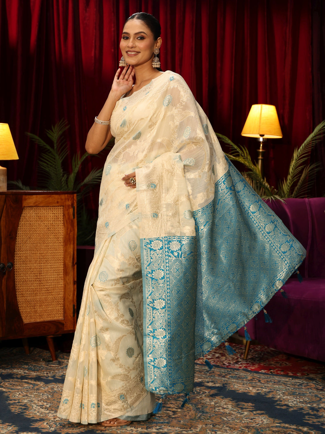 Mameraa Cream Floral Woven Design Silk Blend Tassel Saree