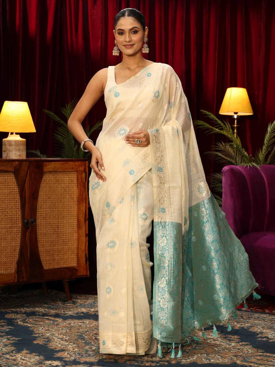 Mameraa Cream Floral Woven Design Silk Blend Tassel Saree