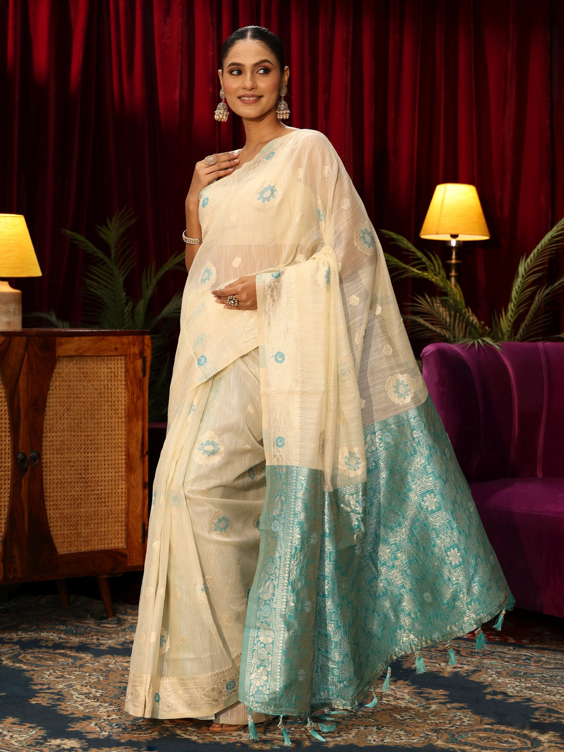 Mameraa Cream Floral Woven Design Silk Blend Tassel Saree