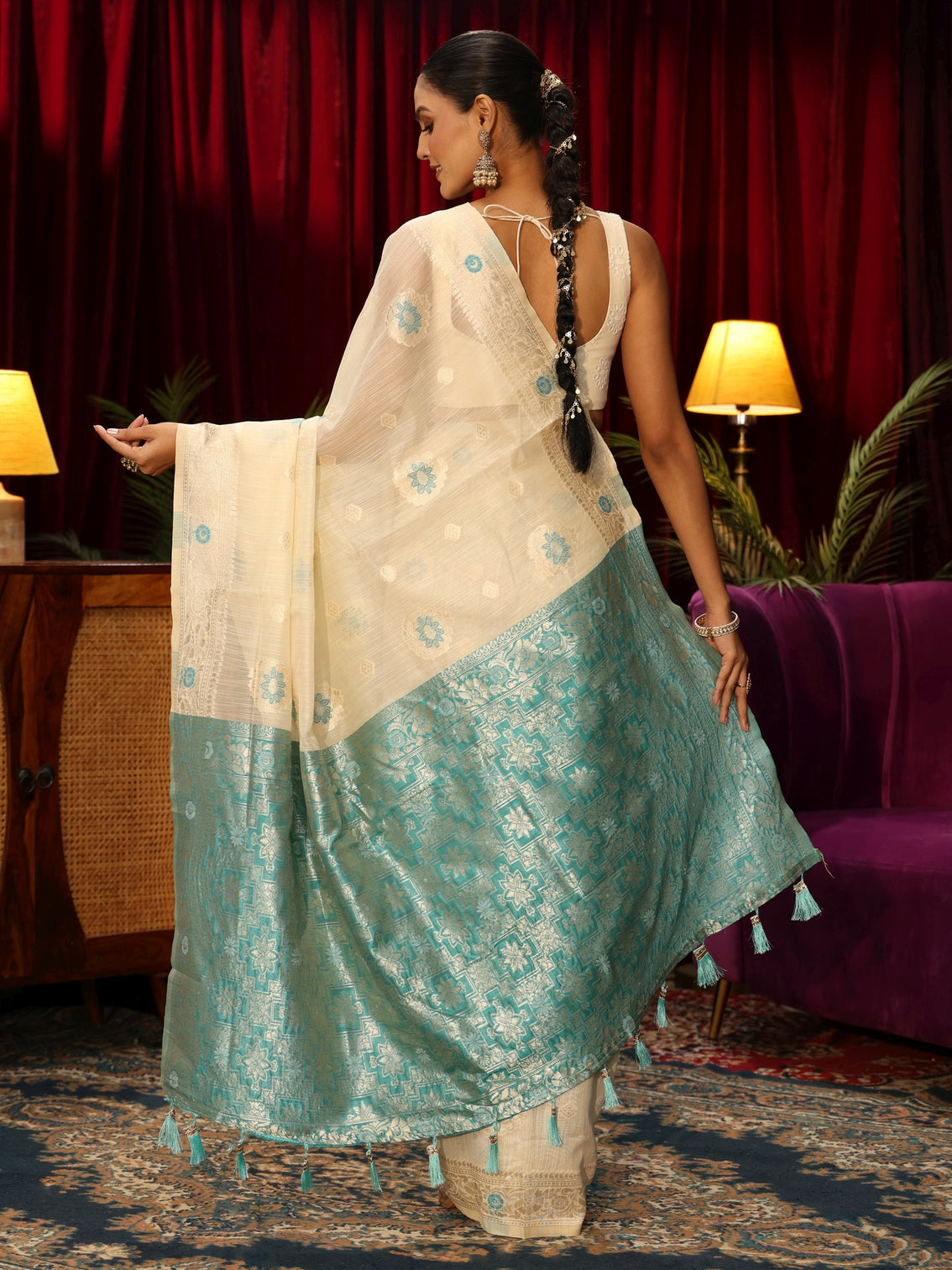 Mameraa Cream Floral Woven Design Silk Blend Tassel Saree