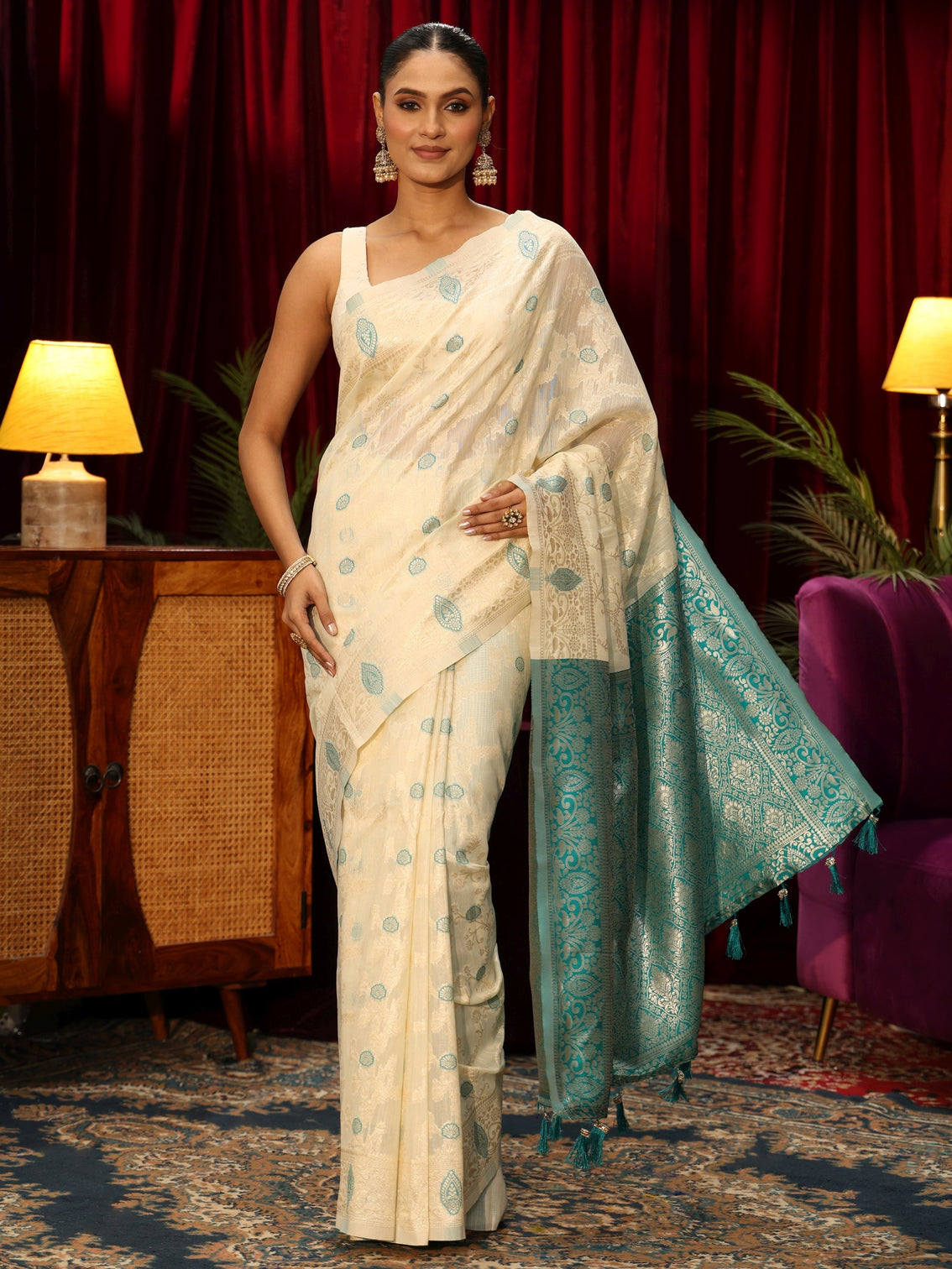 Mameraa Cream Floral Woven Design Silk Blend Tassel Saree