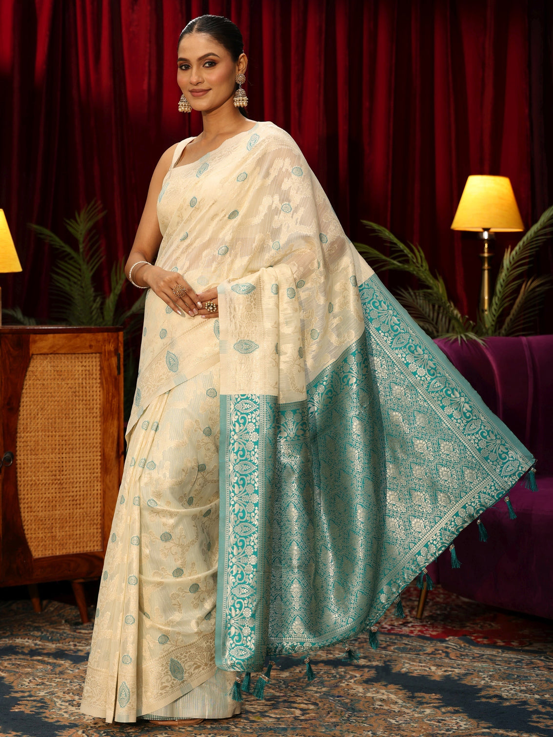 Mameraa Cream Floral Woven Design Silk Blend Tassel Saree