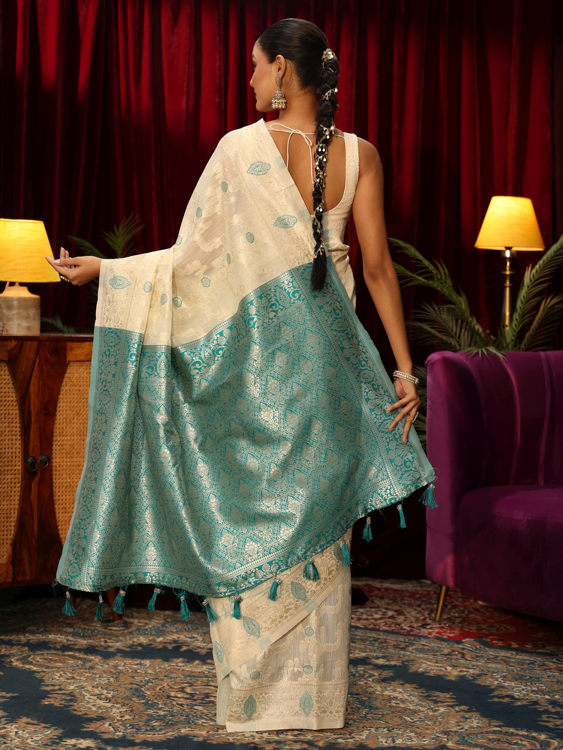 Mameraa Cream Floral Woven Design Silk Blend Tassel Saree