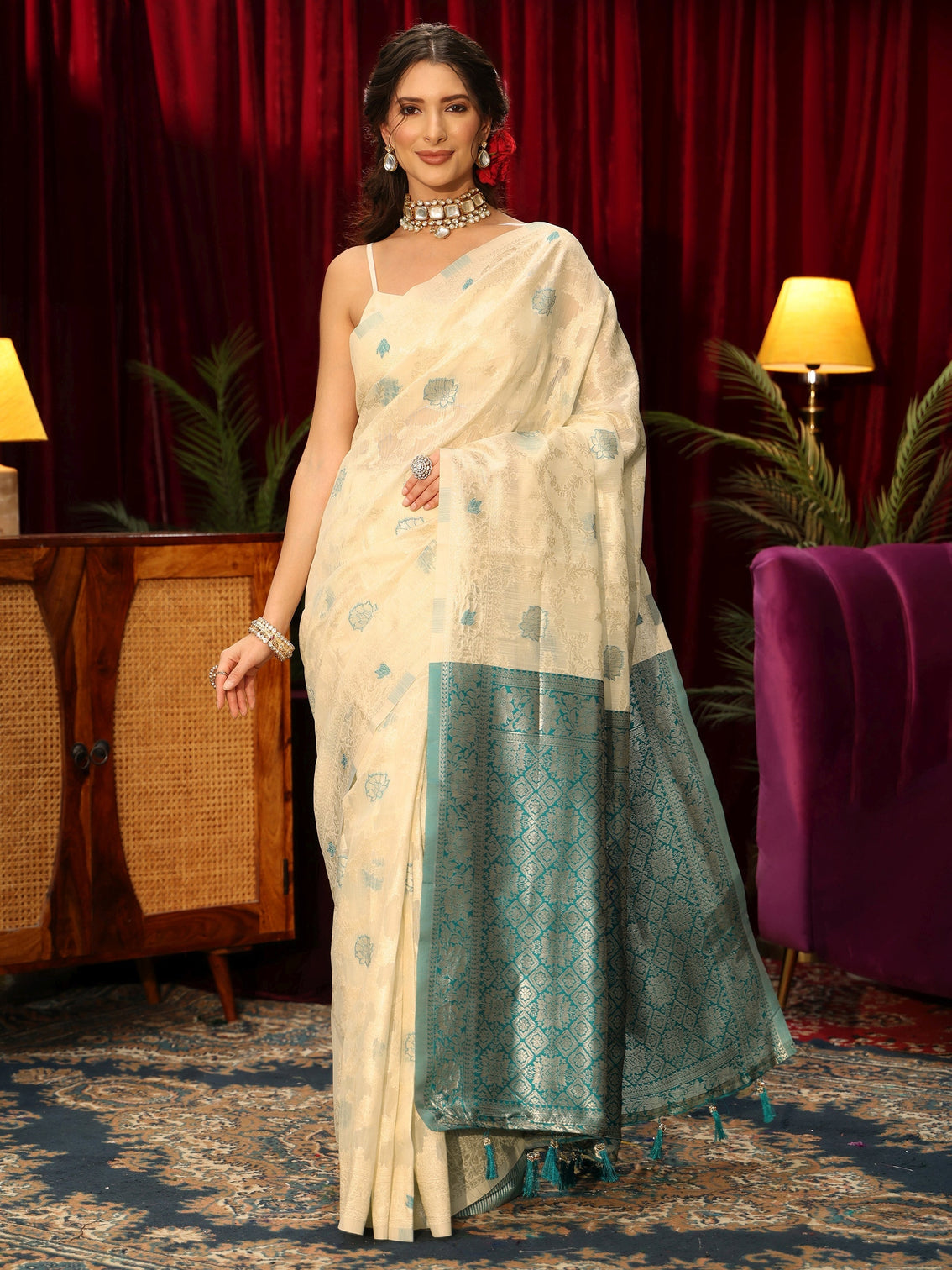 Mameraa Cream Floral Woven Design Silk Blend Tassel Saree