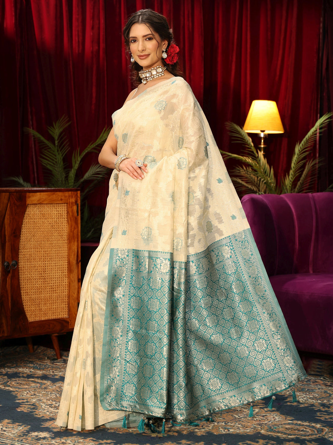 Mameraa Cream Floral Woven Design Silk Blend Tassel Saree