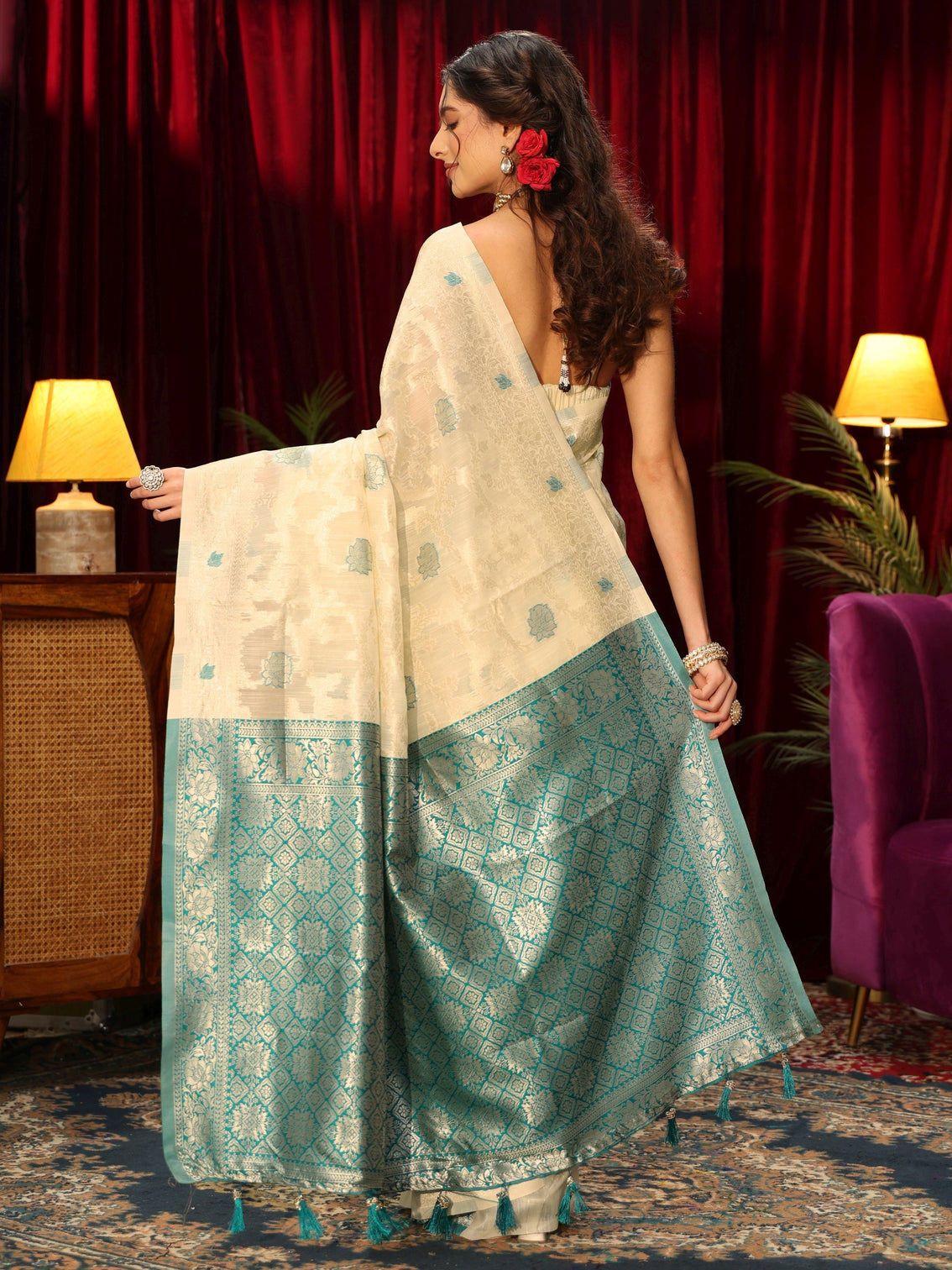 Mameraa Cream Floral Woven Design Silk Blend Tassel Saree