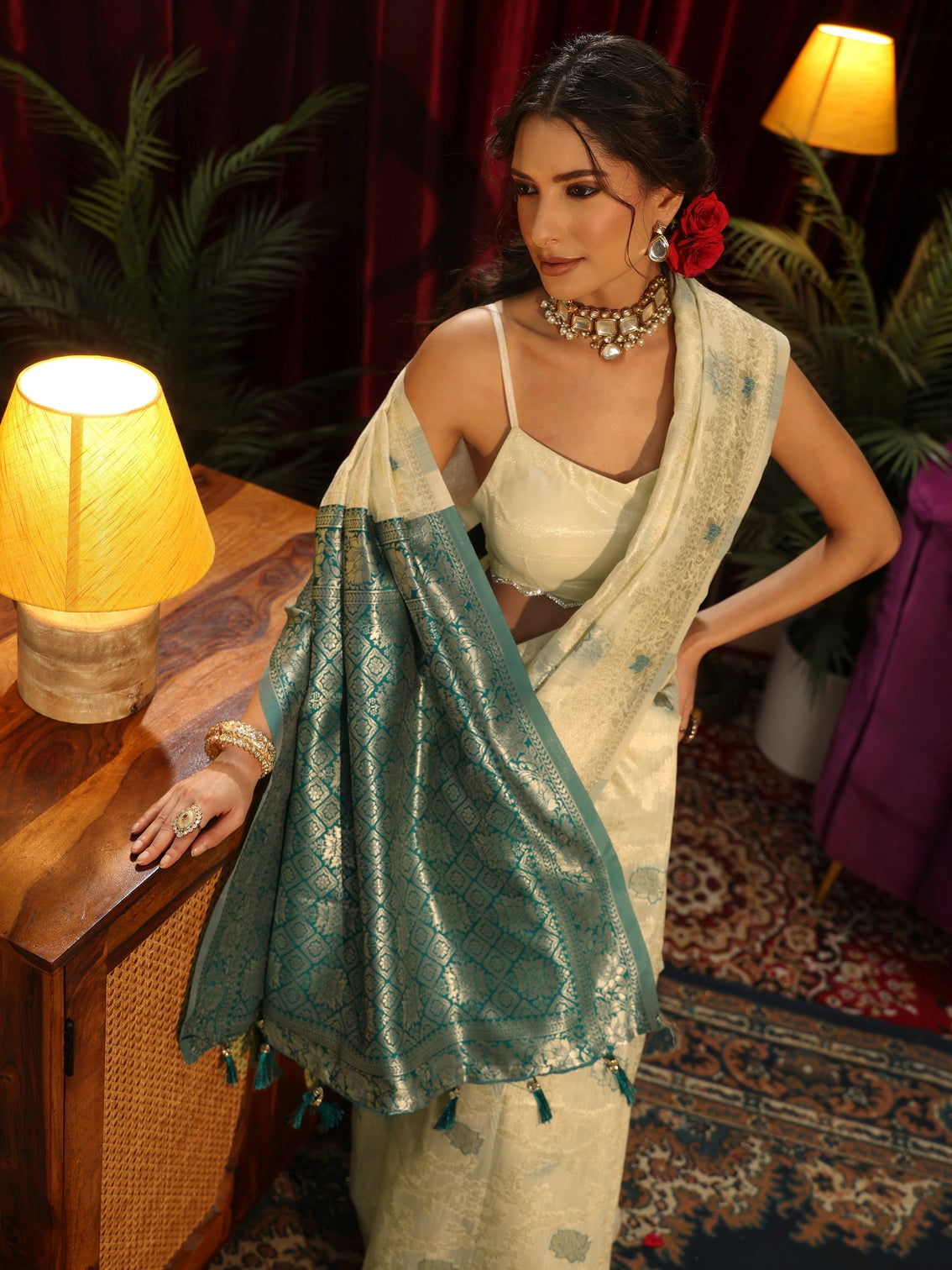 Mameraa Cream Floral Woven Design Silk Blend Tassel Saree