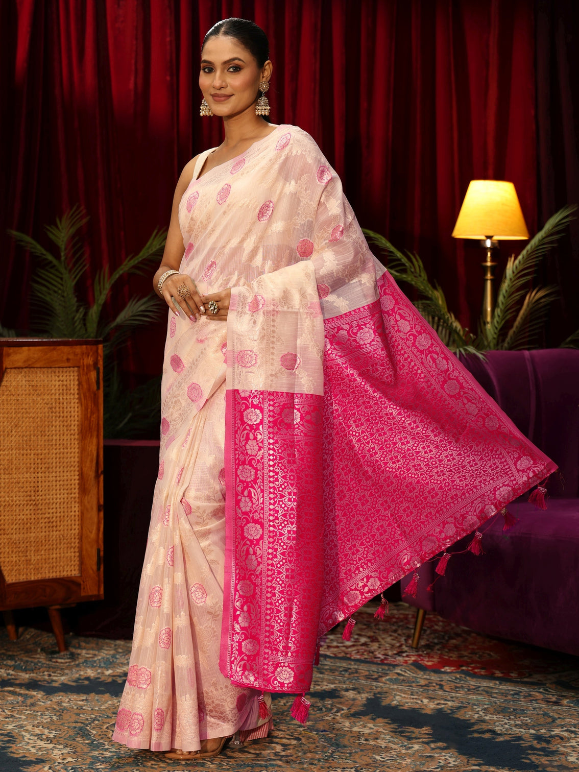 Mameraa Cream Floral Woven Design Silk Blend Tassel Saree