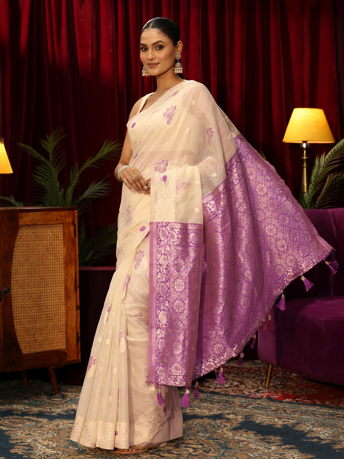 Mameraa Cream Floral Woven Design Silk Blend Tassel Saree