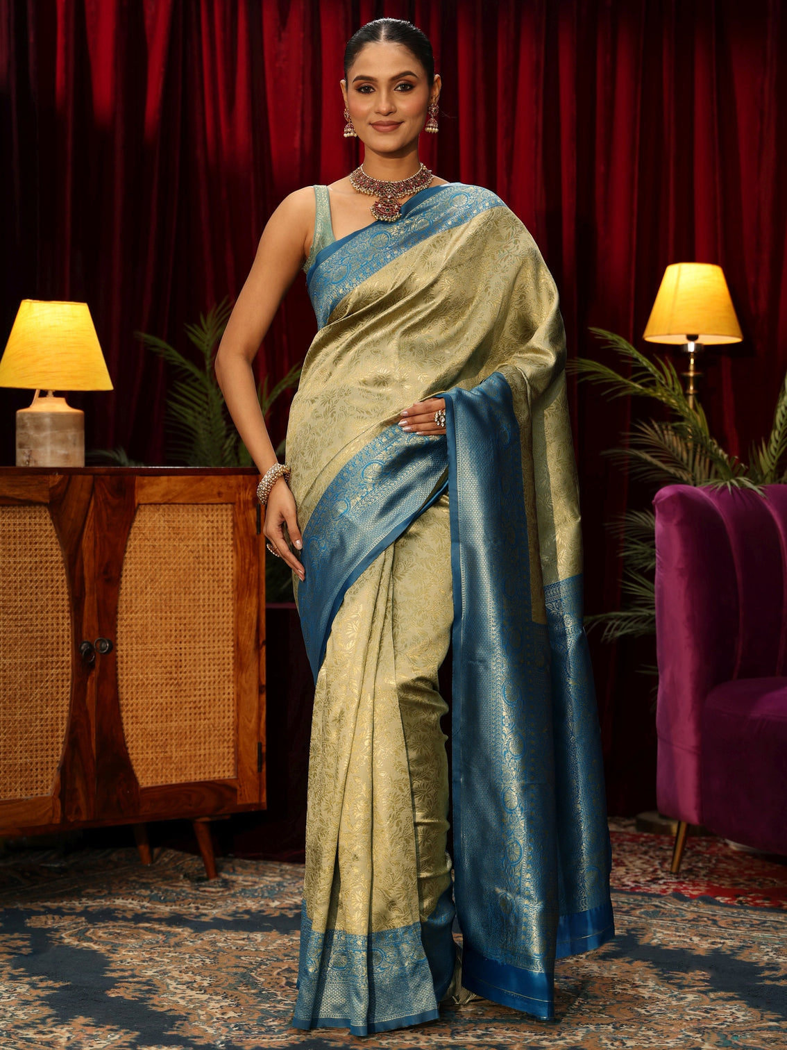 Mameraa Beige Floral Woven Design Silk Blend Saree
