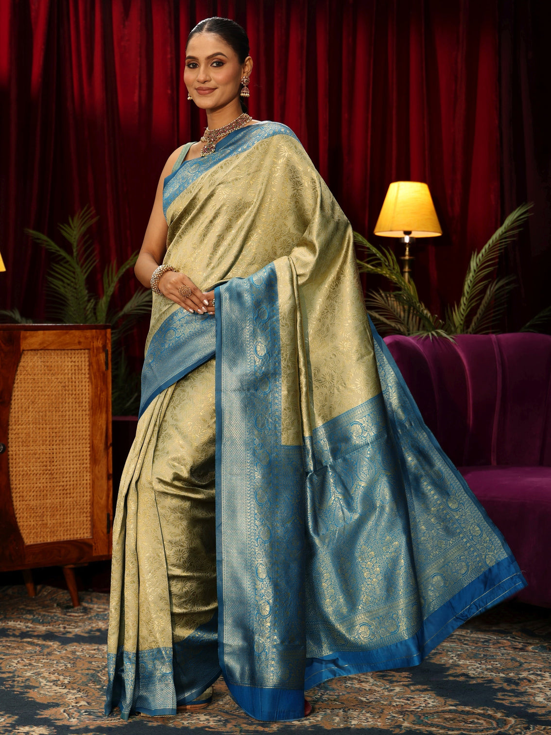Mameraa Beige Floral Woven Design Silk Blend Saree