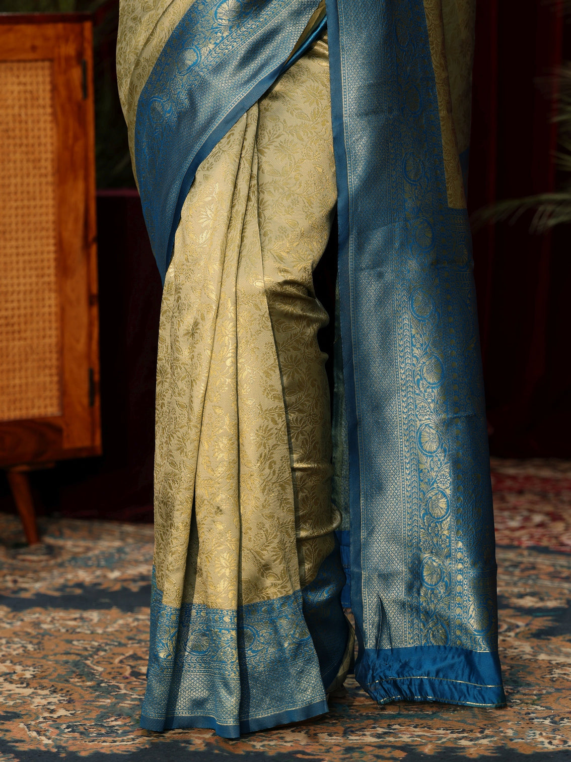 Mameraa Beige Floral Woven Design Silk Blend Saree