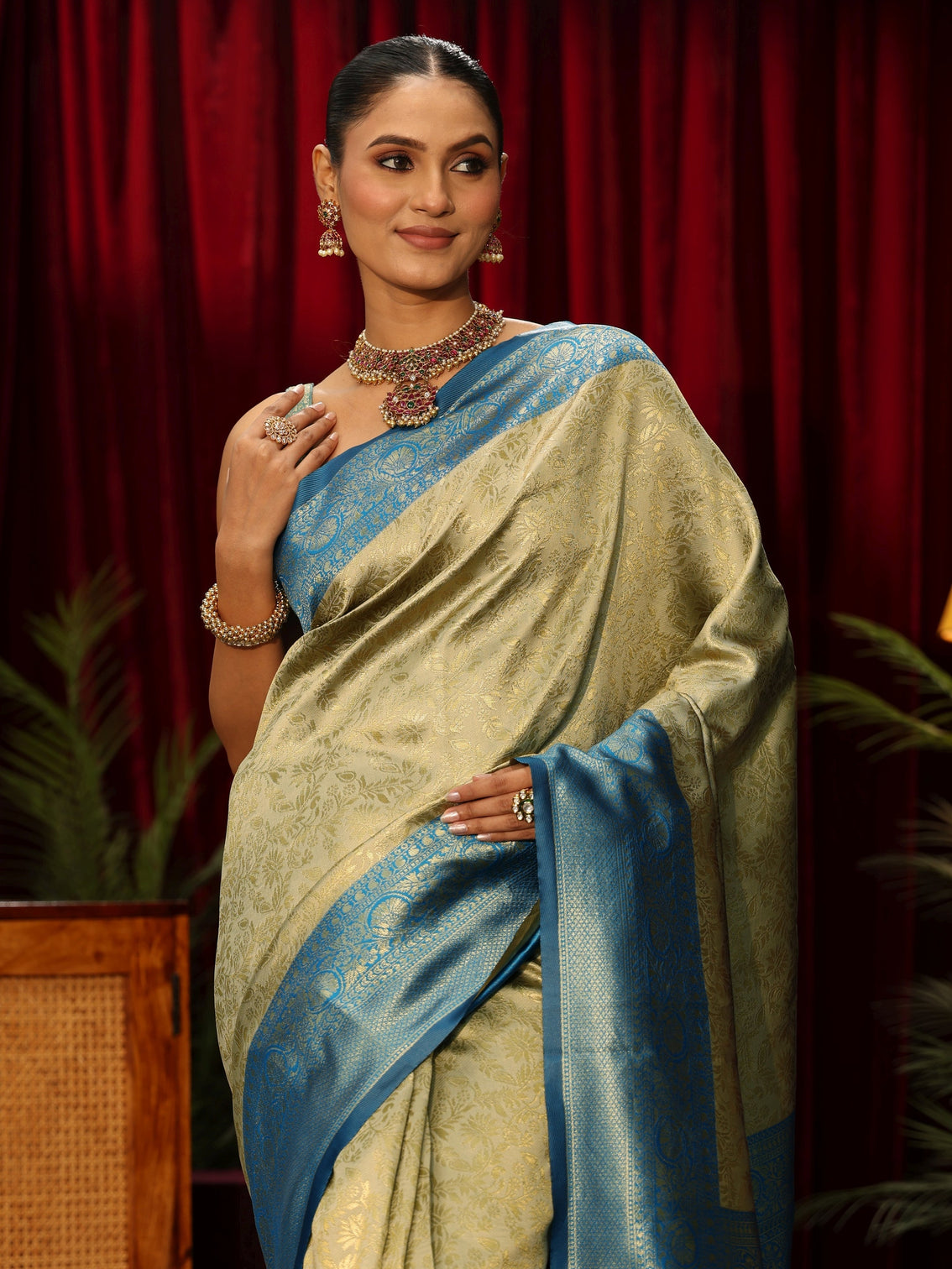 Mameraa Beige Floral Woven Design Silk Blend Saree