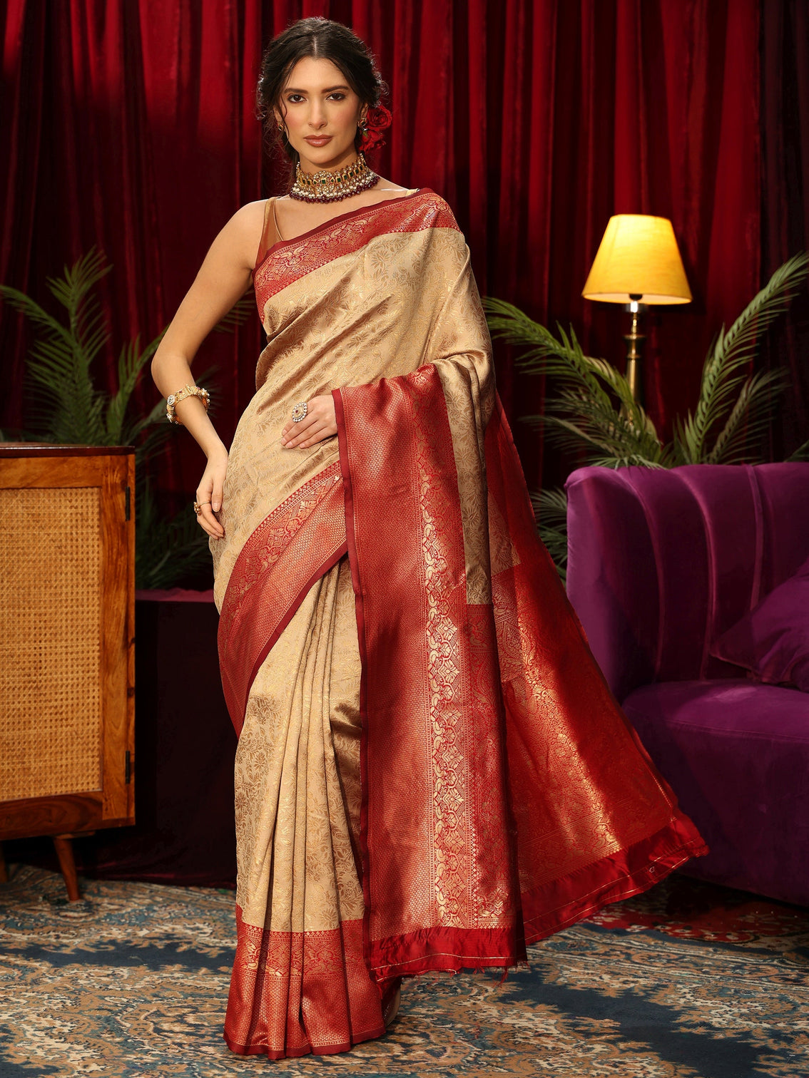 Mameraa Beige Floral Woven Design Silk Blend Saree