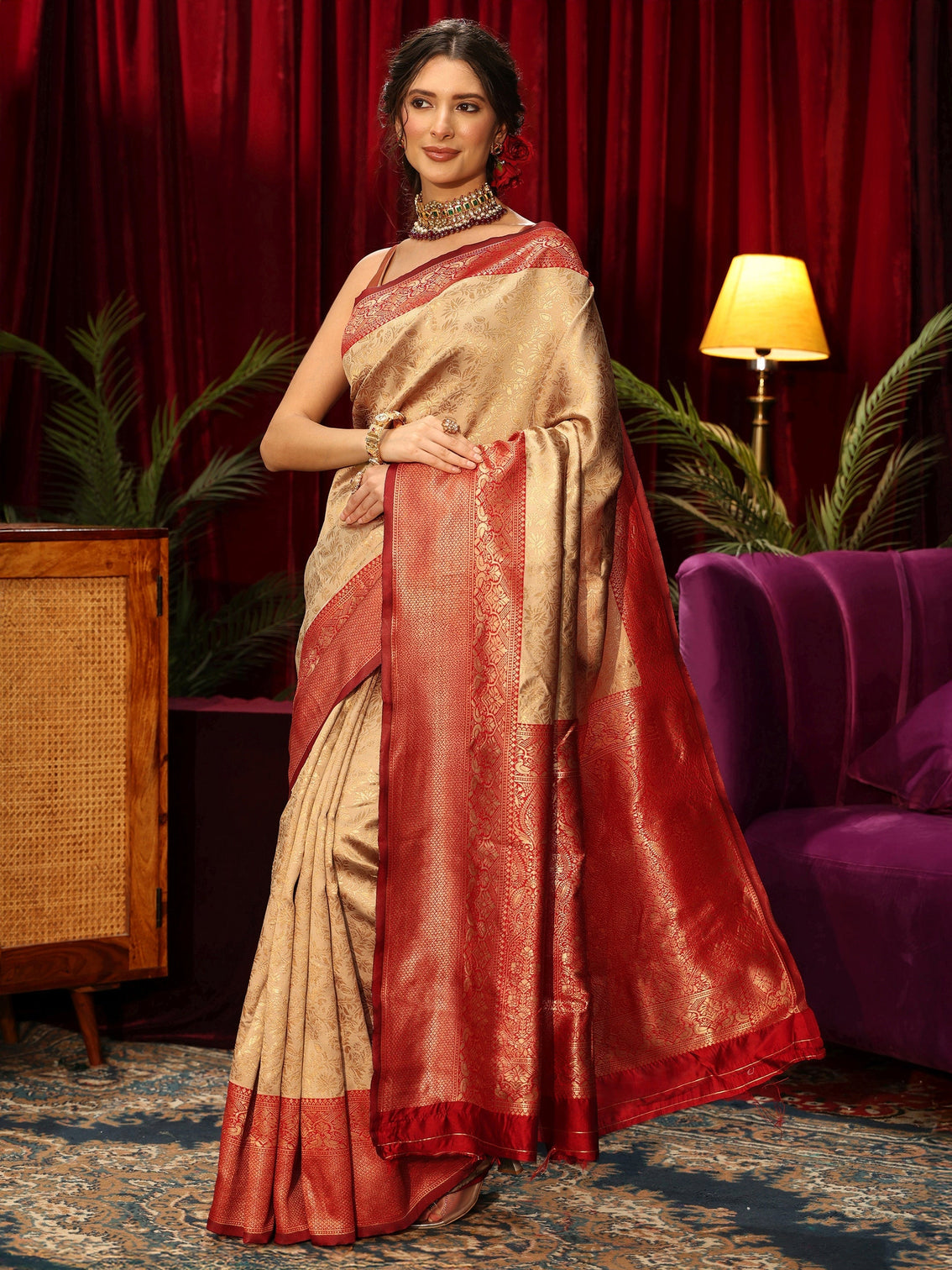 Mameraa Beige Floral Woven Design Silk Blend Saree