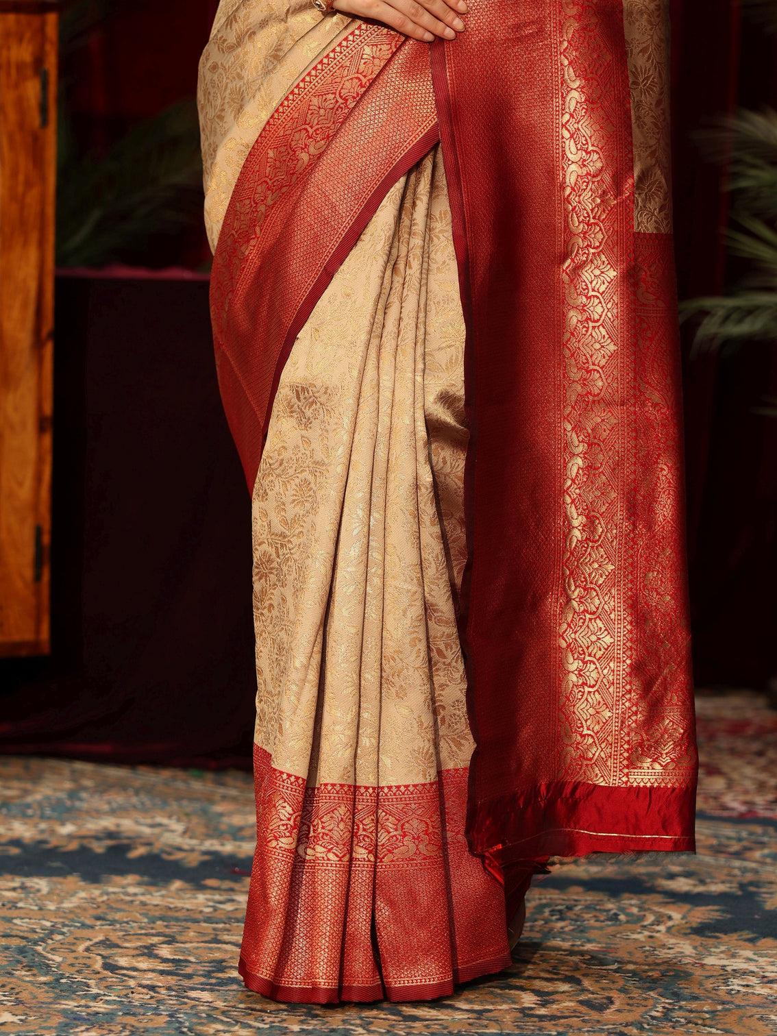 Mameraa Beige Floral Woven Design Silk Blend Saree