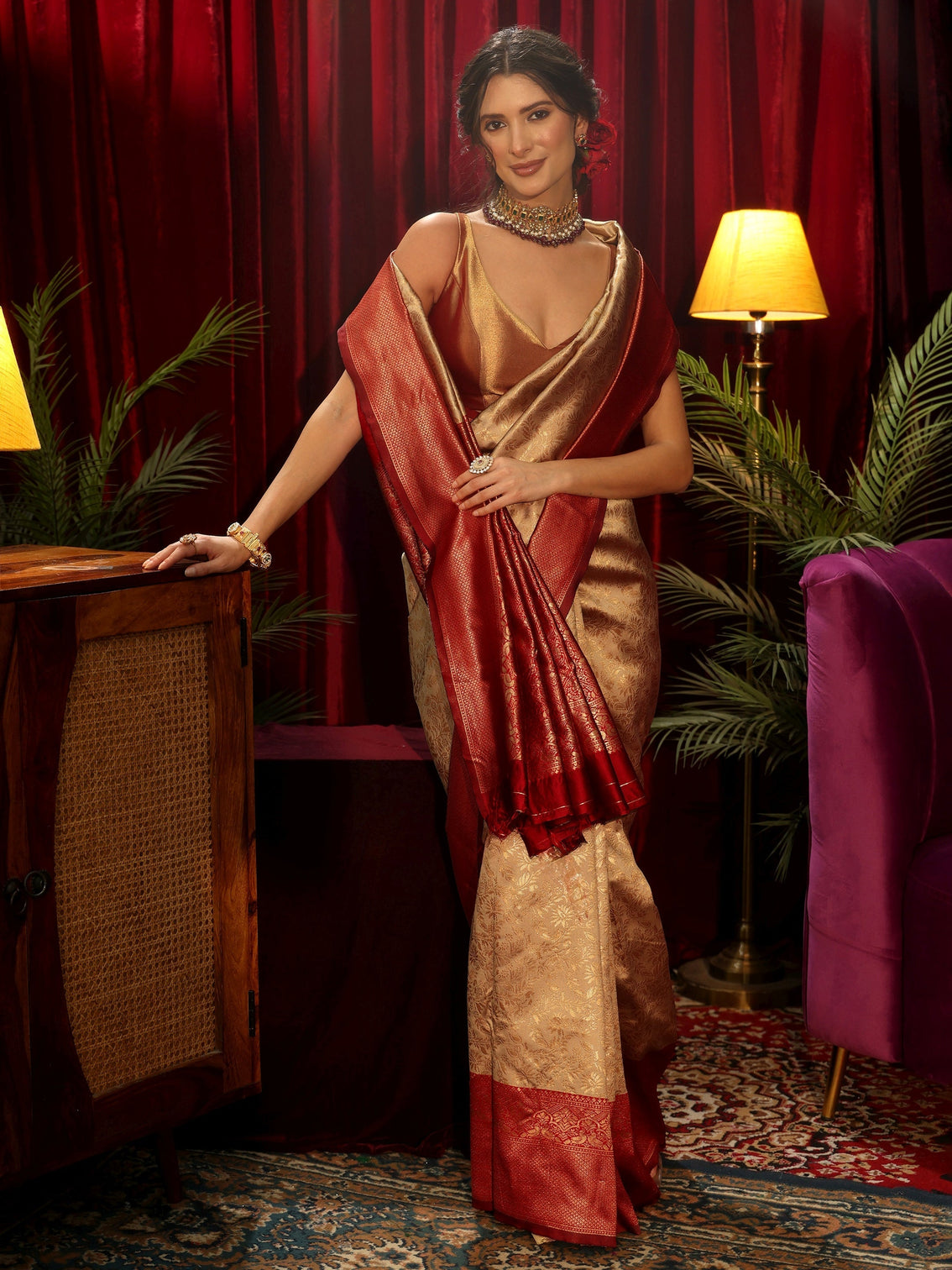 Mameraa Beige Floral Woven Design Silk Blend Saree