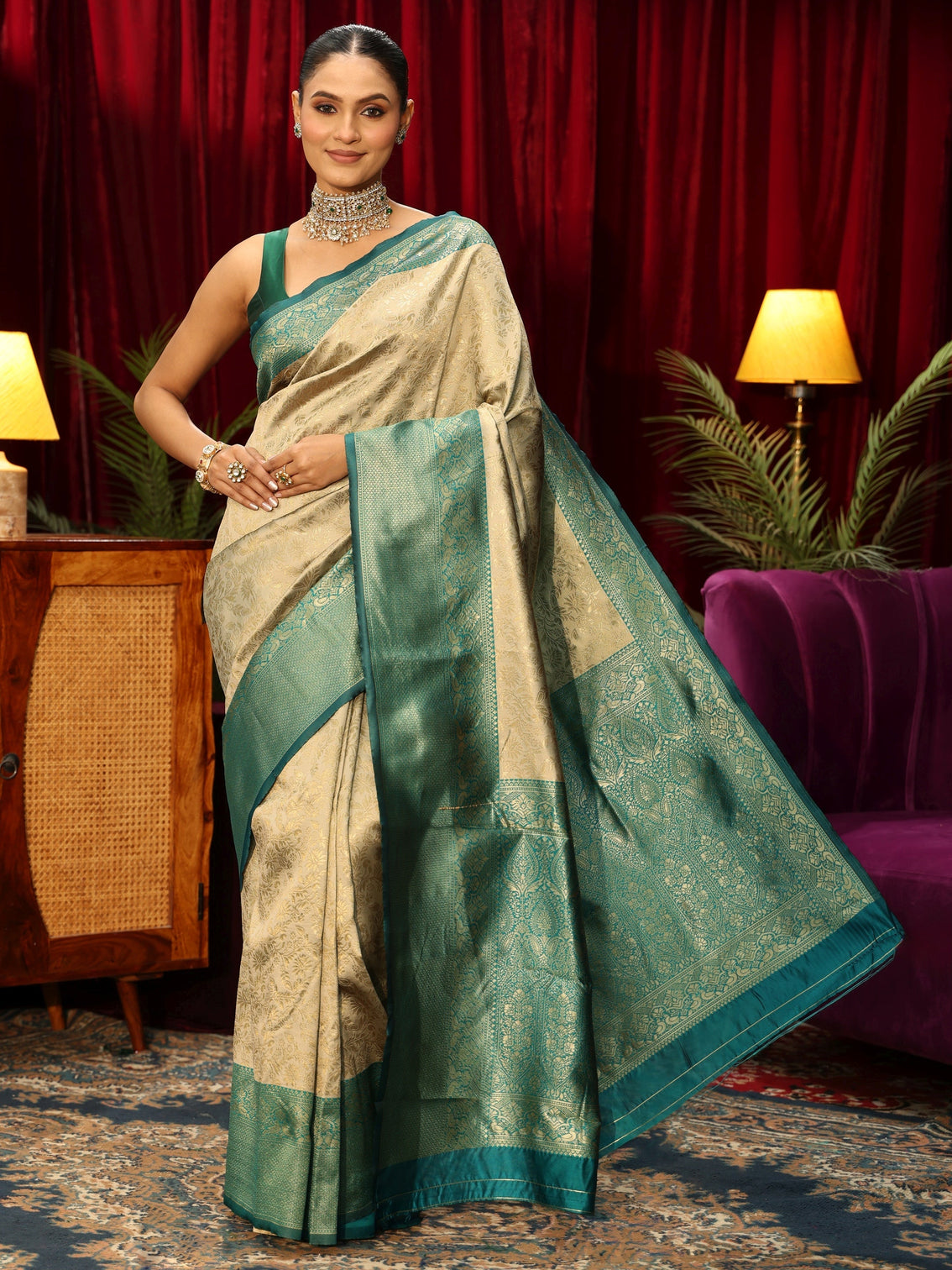 Mameraa Beige Floral Woven Design Silk Blend Saree