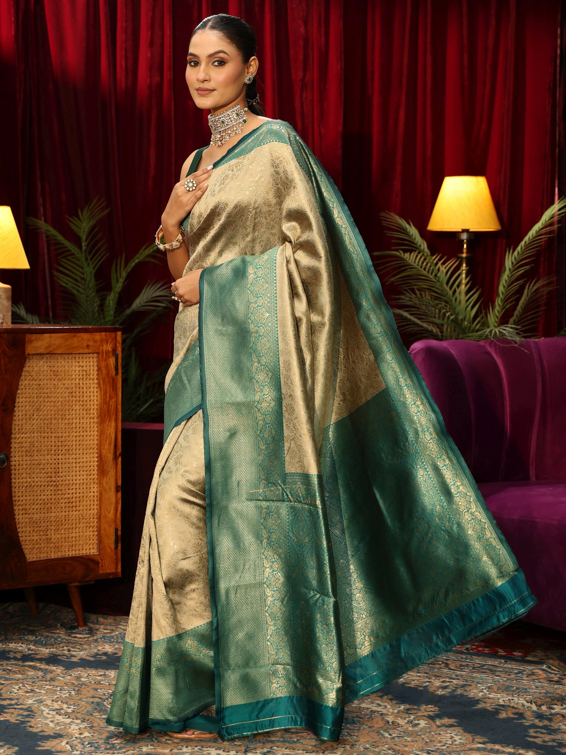 Mameraa Beige Floral Woven Design Silk Blend Saree