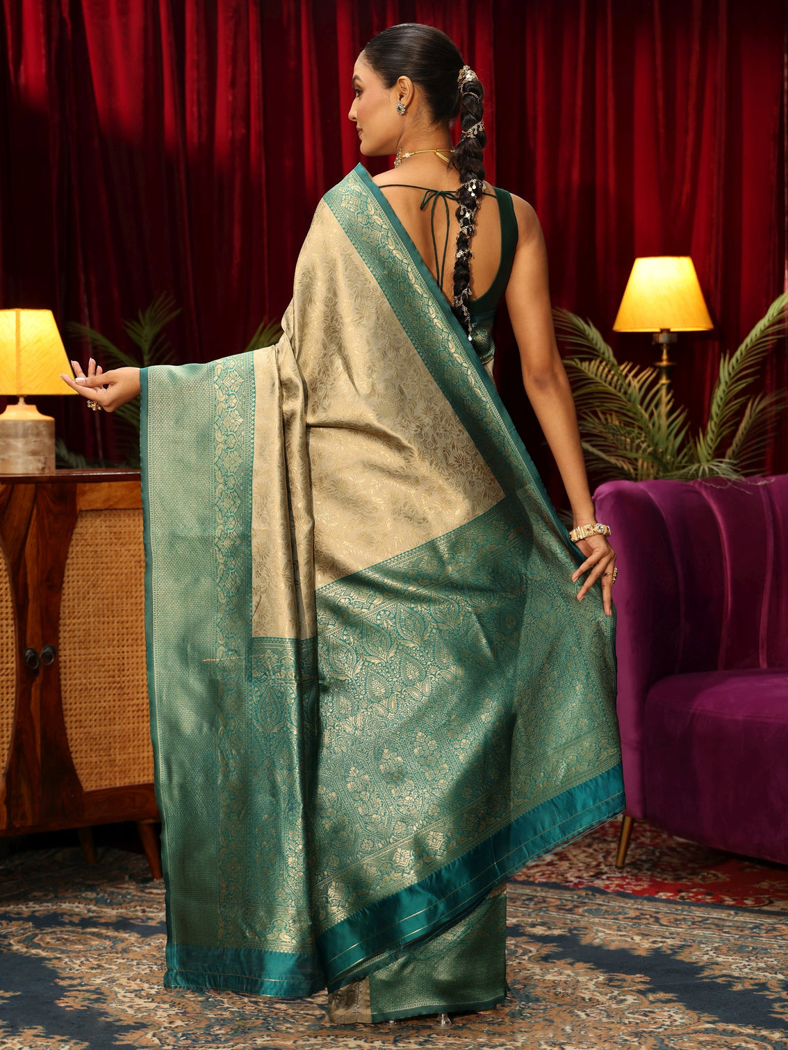 Mameraa Beige Floral Woven Design Silk Blend Saree