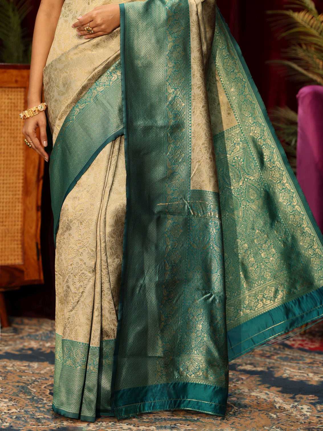 Mameraa Beige Floral Woven Design Silk Blend Saree