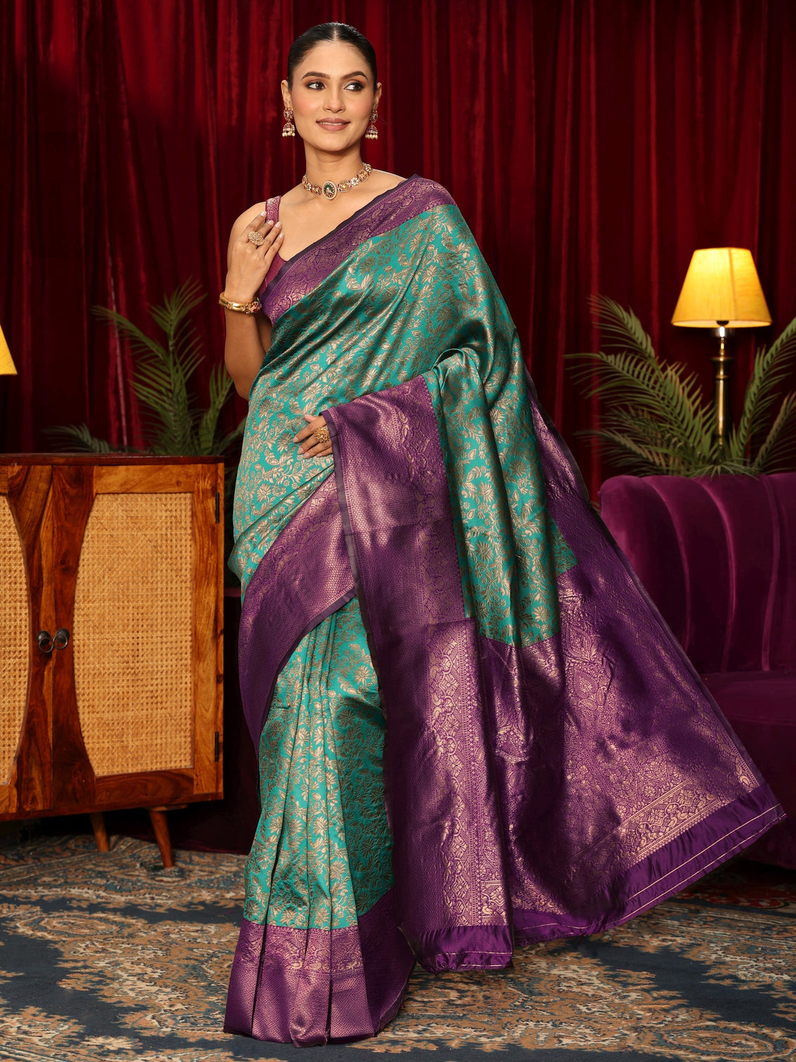 Mameraa Teal Blue Floral Woven Design Silk Blend Saree