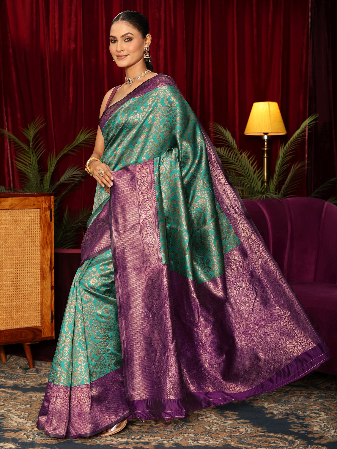 Mameraa Teal Blue Floral Woven Design Silk Blend Saree