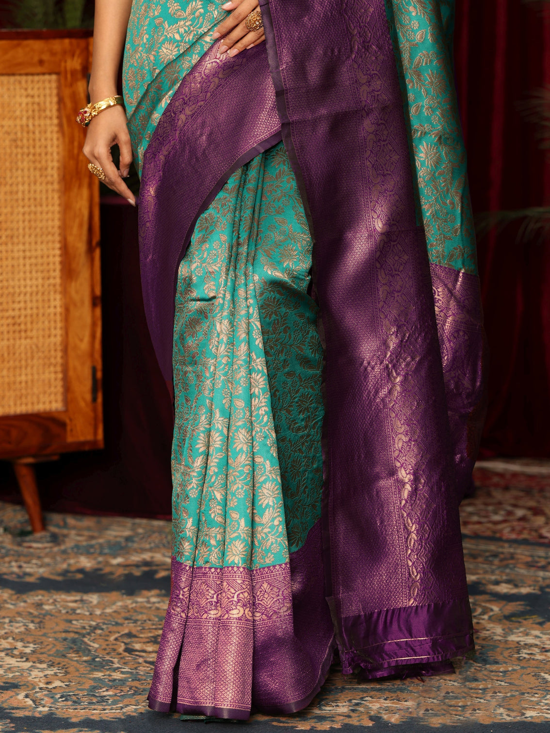 Mameraa Teal Blue Floral Woven Design Silk Blend Saree
