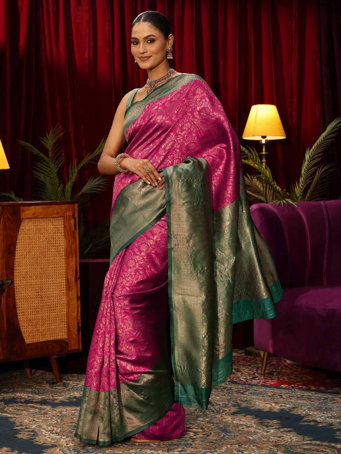 Mameraa Magenta Pink Floral Woven Design Silk Blend Saree